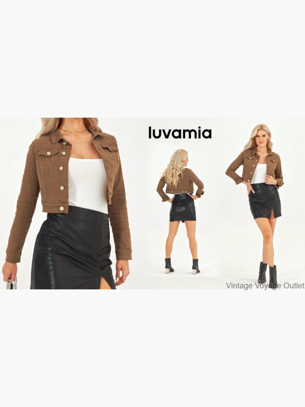 Cropped Denim Jacket Women's Stretchy Fitted Lightweight Shacket with Pockets - Picture 7 of 7